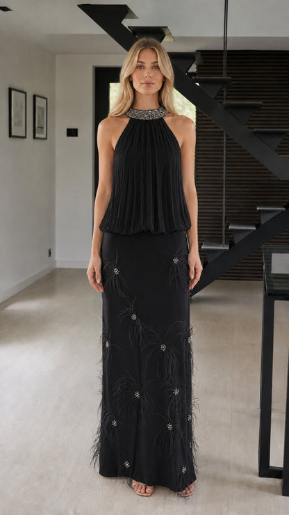 Front view of black evening gown