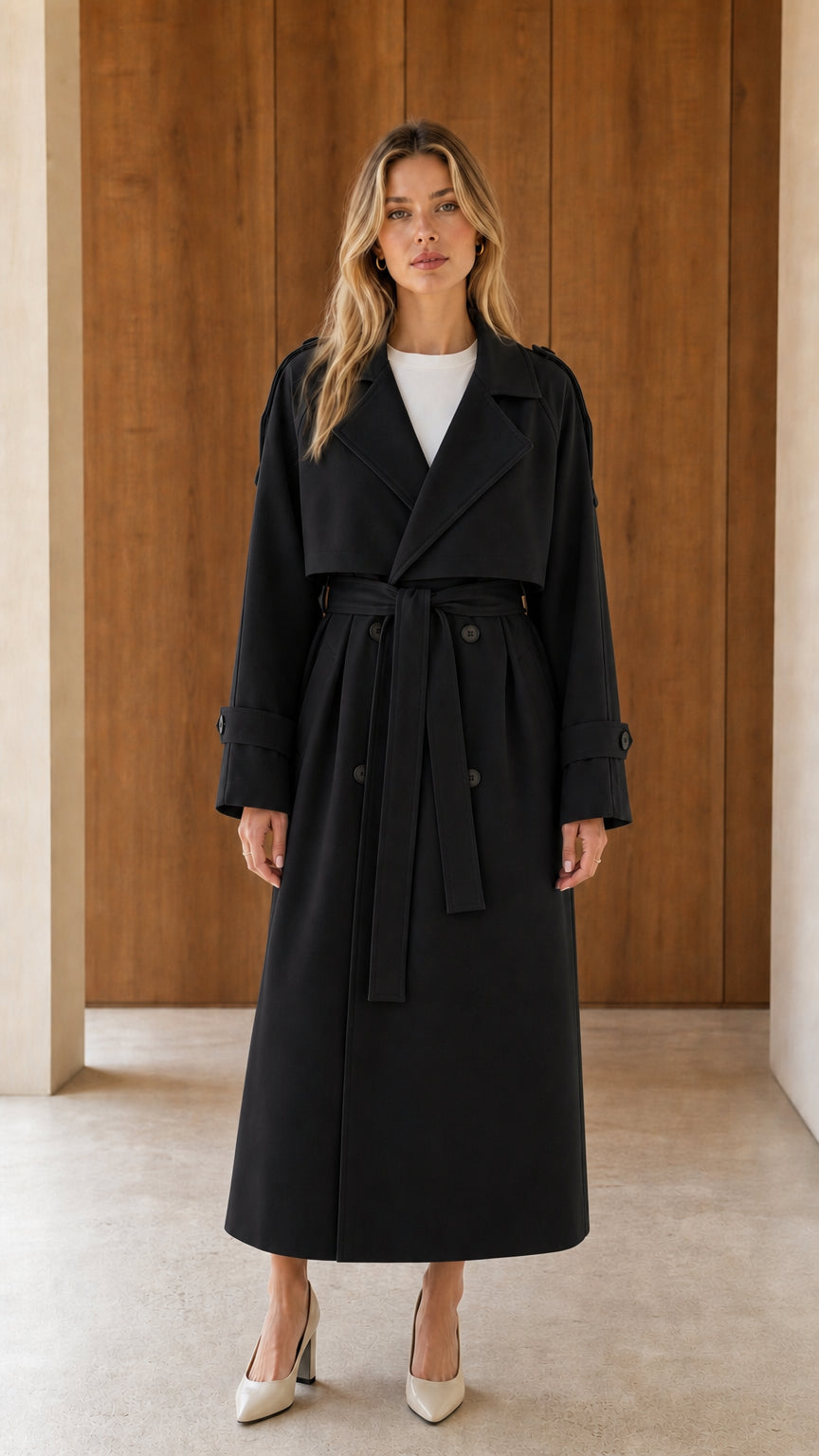 Model wearing classic black double-breasted longline trench coat