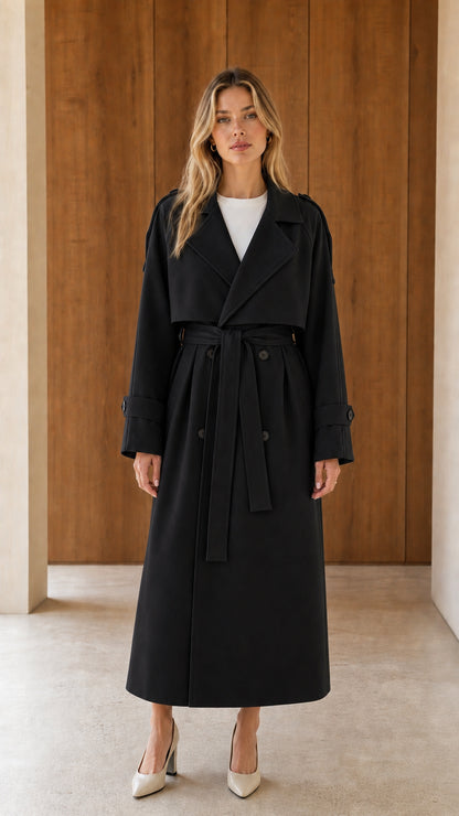 Model wearing classic black double-breasted longline trench coat