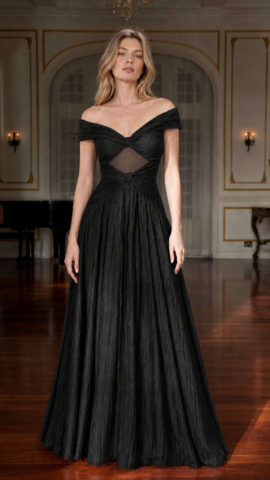 Front view of model wearing black off-the-shoulder evening gown