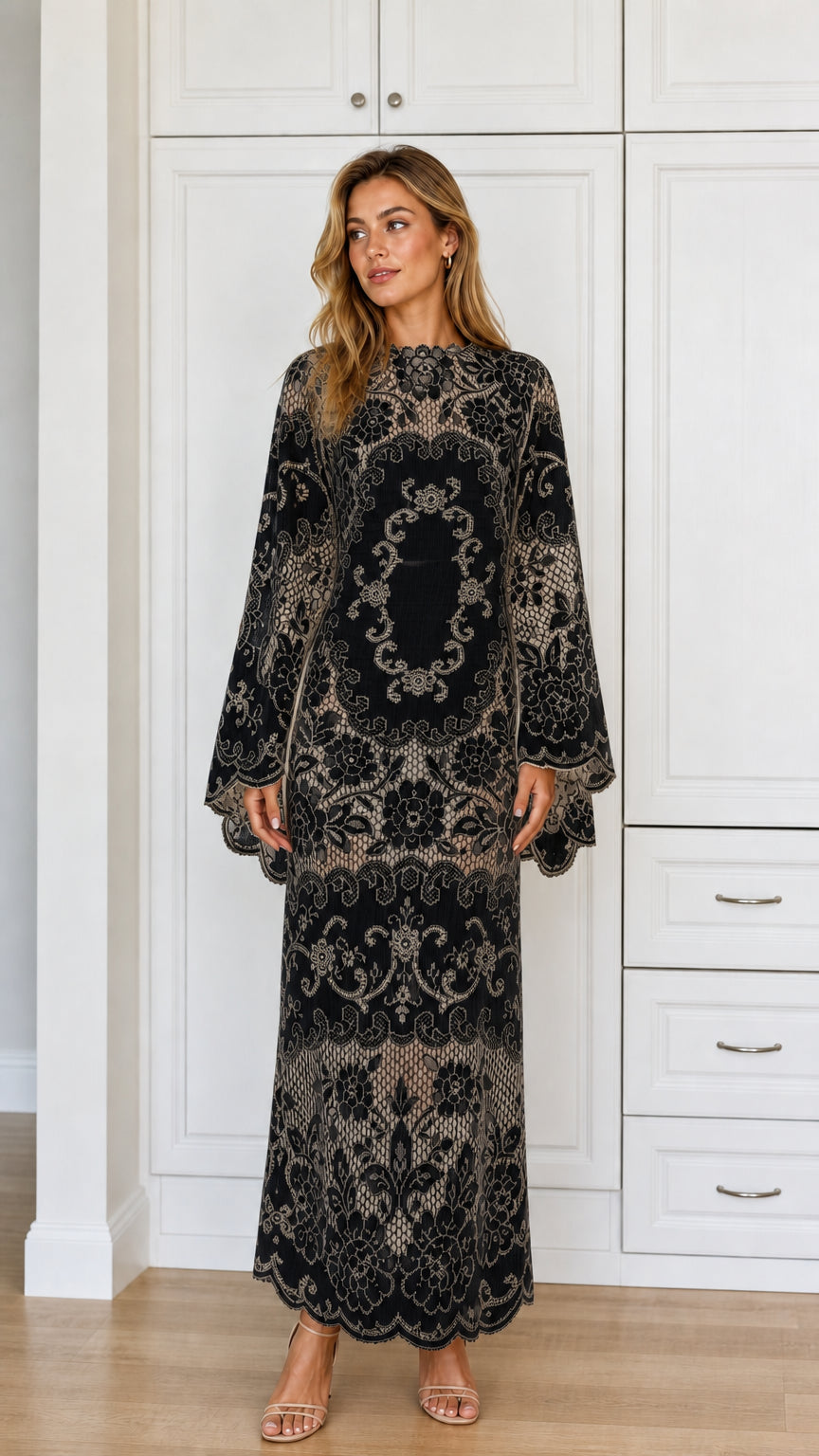 Front view of Black long sleeve lace maxi dress