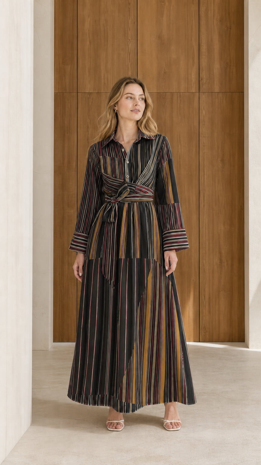 Front view of model wearing black and dark multi striped long sleeve maxi shirt dress