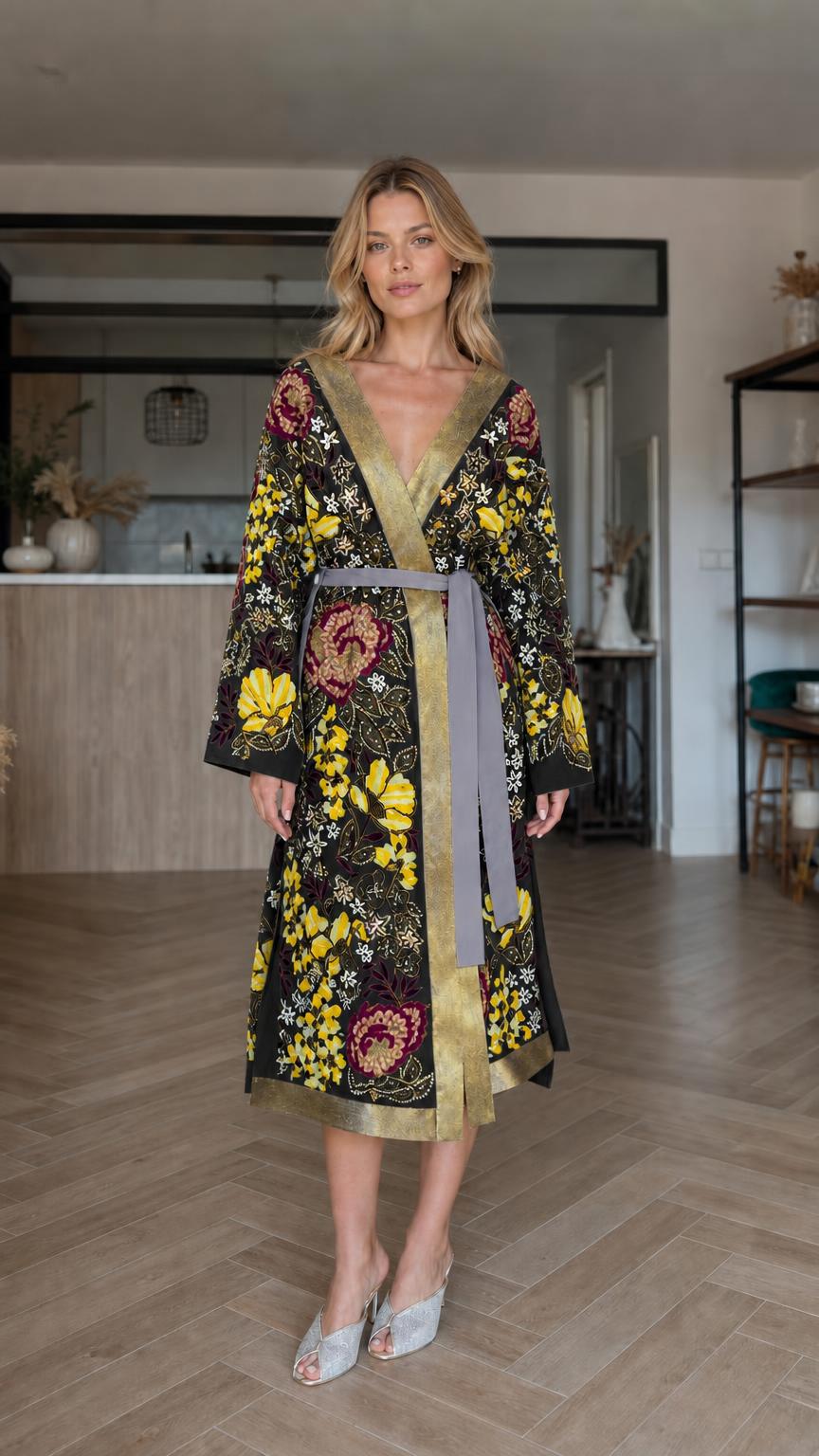 Front view of black floral embroidered kimono robe