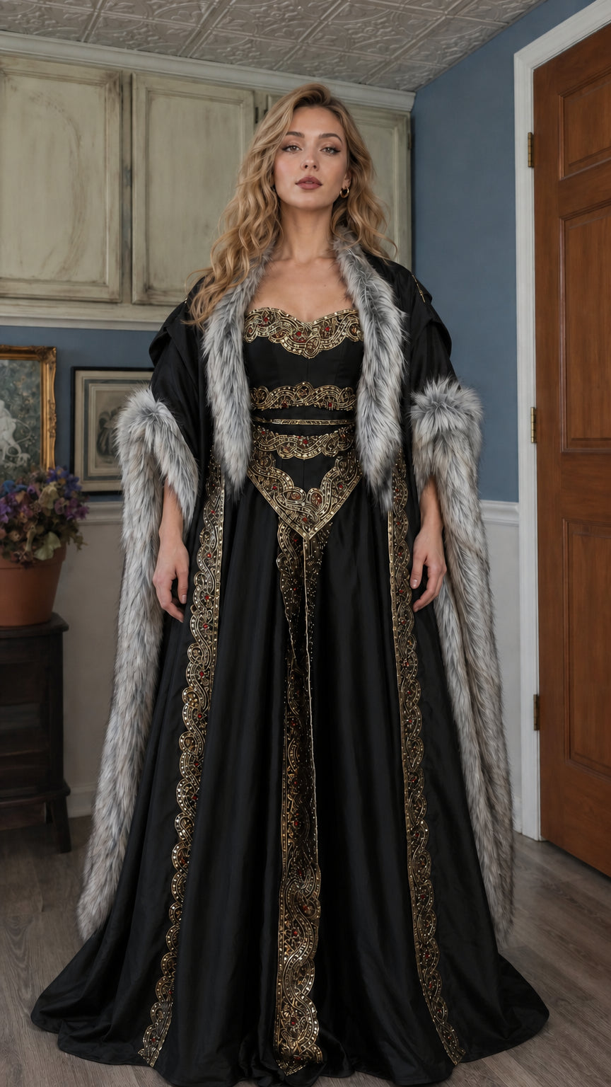 Front view of the black Renaissance medieval gown variant