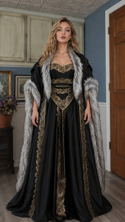 Front view of the black Renaissance medieval gown variant