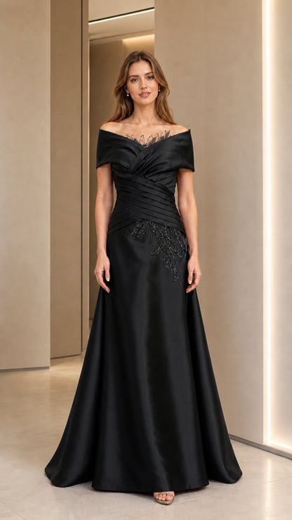 Front view of black off-shoulder evening gown
