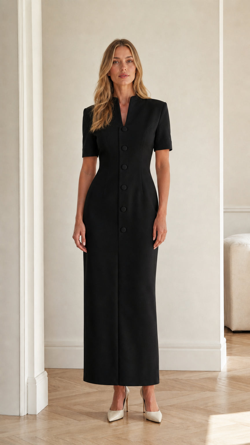 Front full view of black short sleeve stand collar column maxi dress