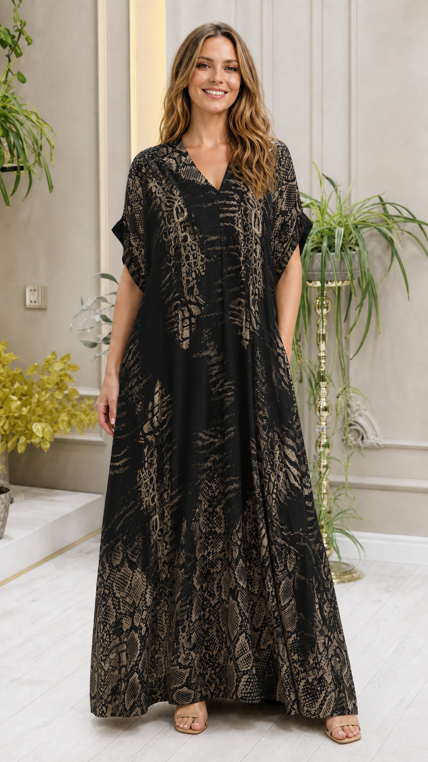 Model wearing black animal print kaftan dress