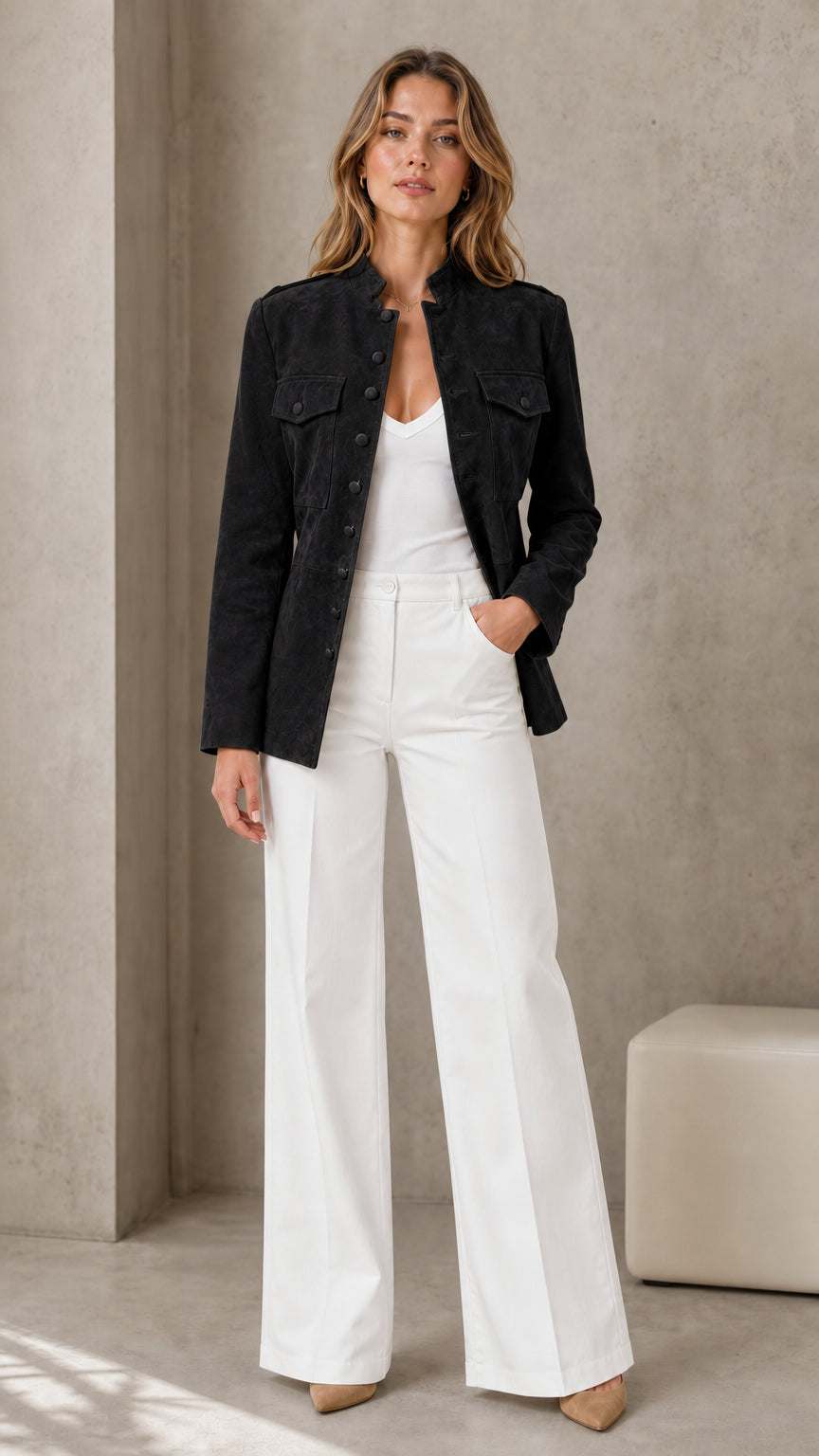 Woman wearing black faux suede utility jacket