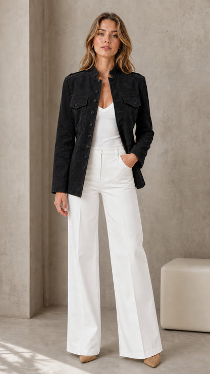 Woman wearing black faux suede utility jacket