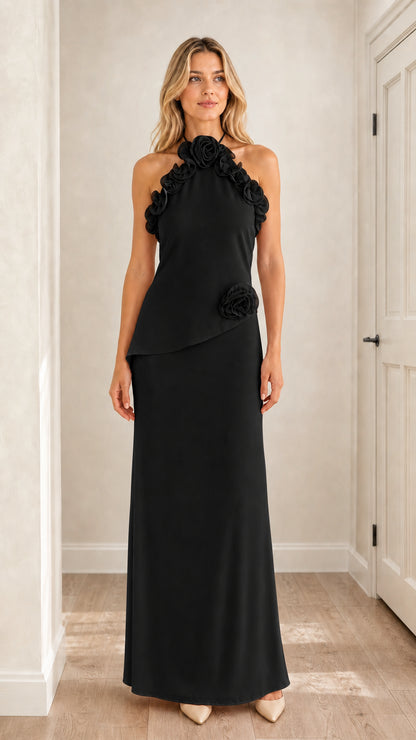 Front view of black 3D floral halter maxi dress