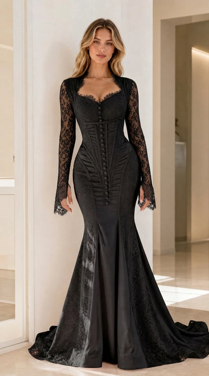 Black elegant lace sleeve mermaid long dress