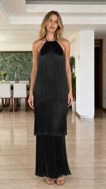 Model wearing Black Tiered Fringe Halter Maxi Dress