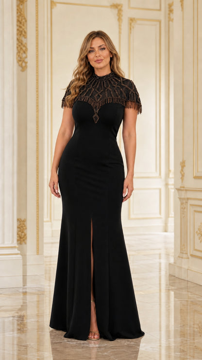 Model wearing Black mock neck beaded capelet formal evening dress