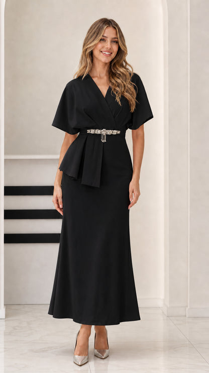 Model wearing classic Black flutter sleeve peplum evening maxi dress