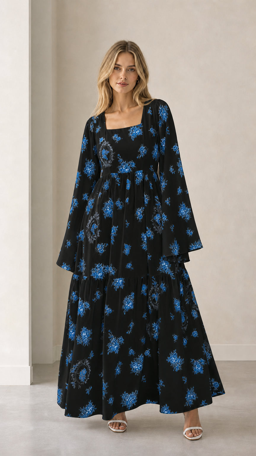 Black floral square neck bell sleeve tiered maxi dress