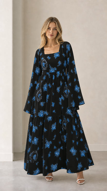 Black floral square neck bell sleeve tiered maxi dress