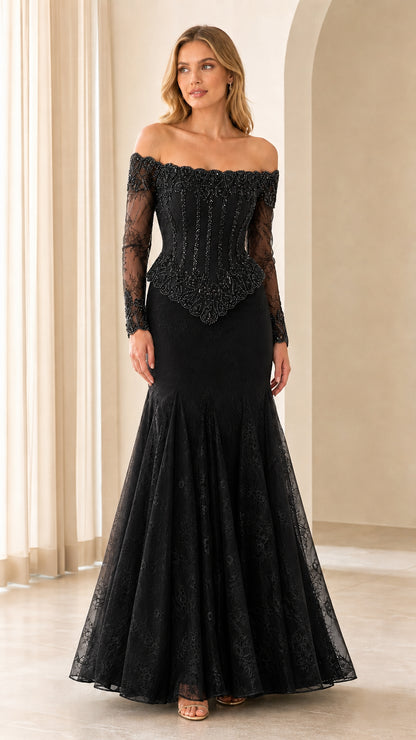 Front view of black evening gown