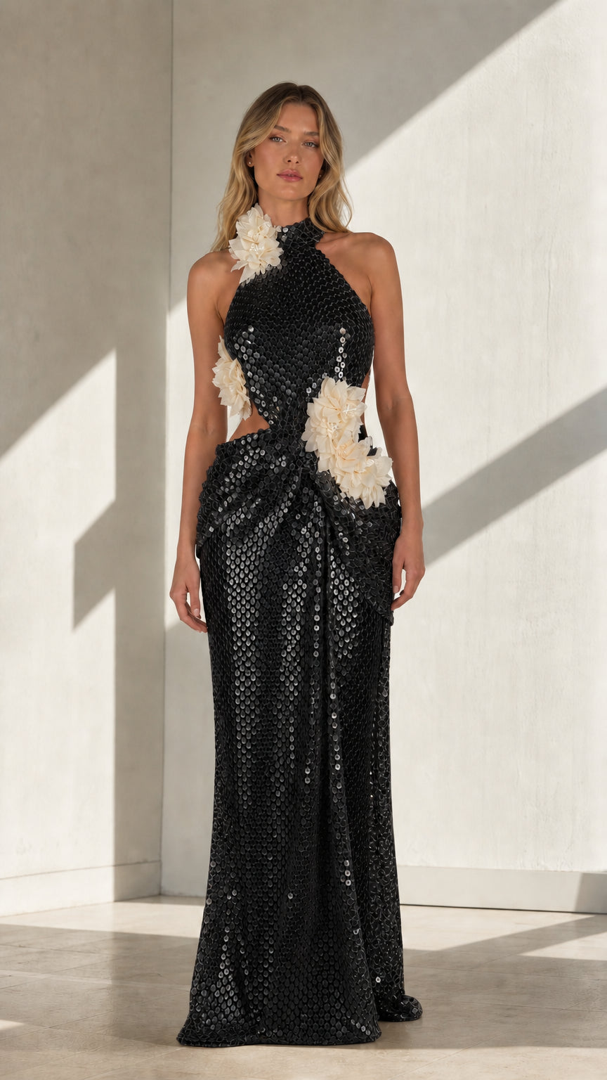 Black sequin halter maxi dress with floral appliqués shown from the front