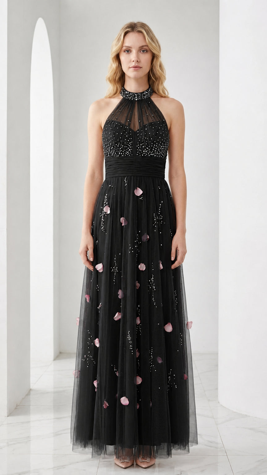 Black embellished halter neck tulle evening dress