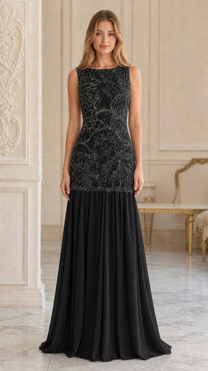 Black sleeveless sequined lace bodice floor-length evening gown