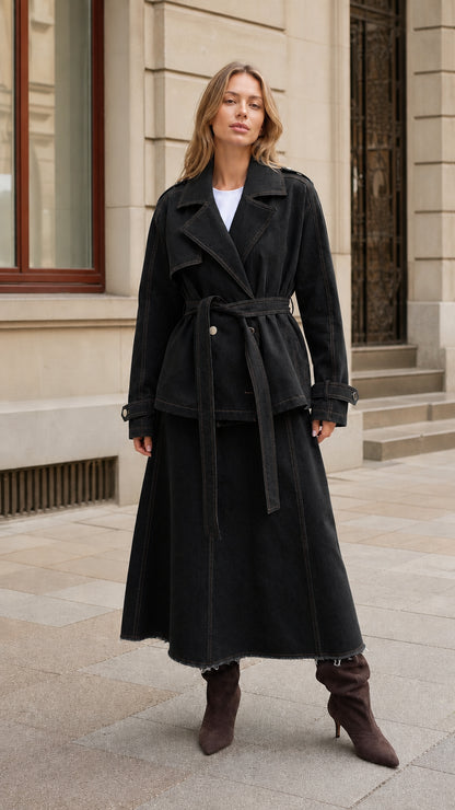 Woman wearing Washed Black belted trench jacket and maxi skirt two-piece set