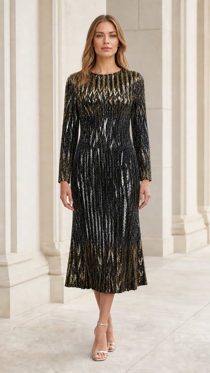 Front view of woman wearing black and gold sequin chevron midi dress