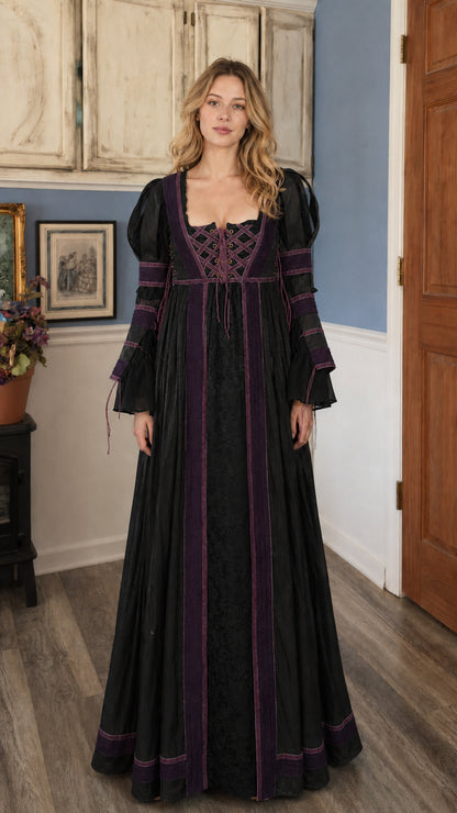 Renaissance Medieval Lace-Up Long Sleeve Maxi Dress in black