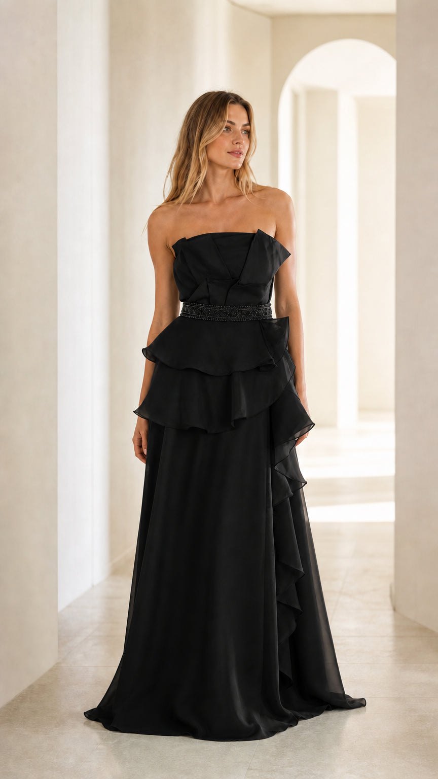 Front view of black evening gown