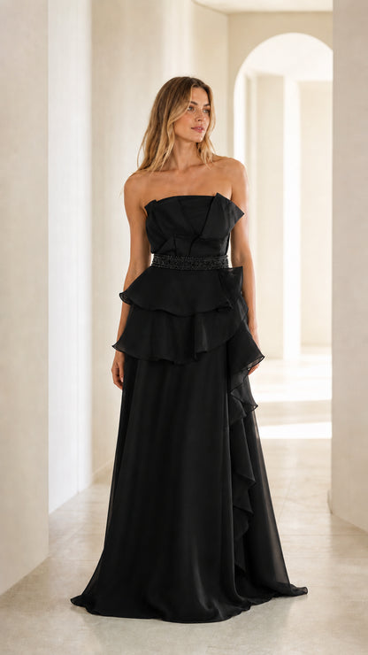 Front view of black evening gown