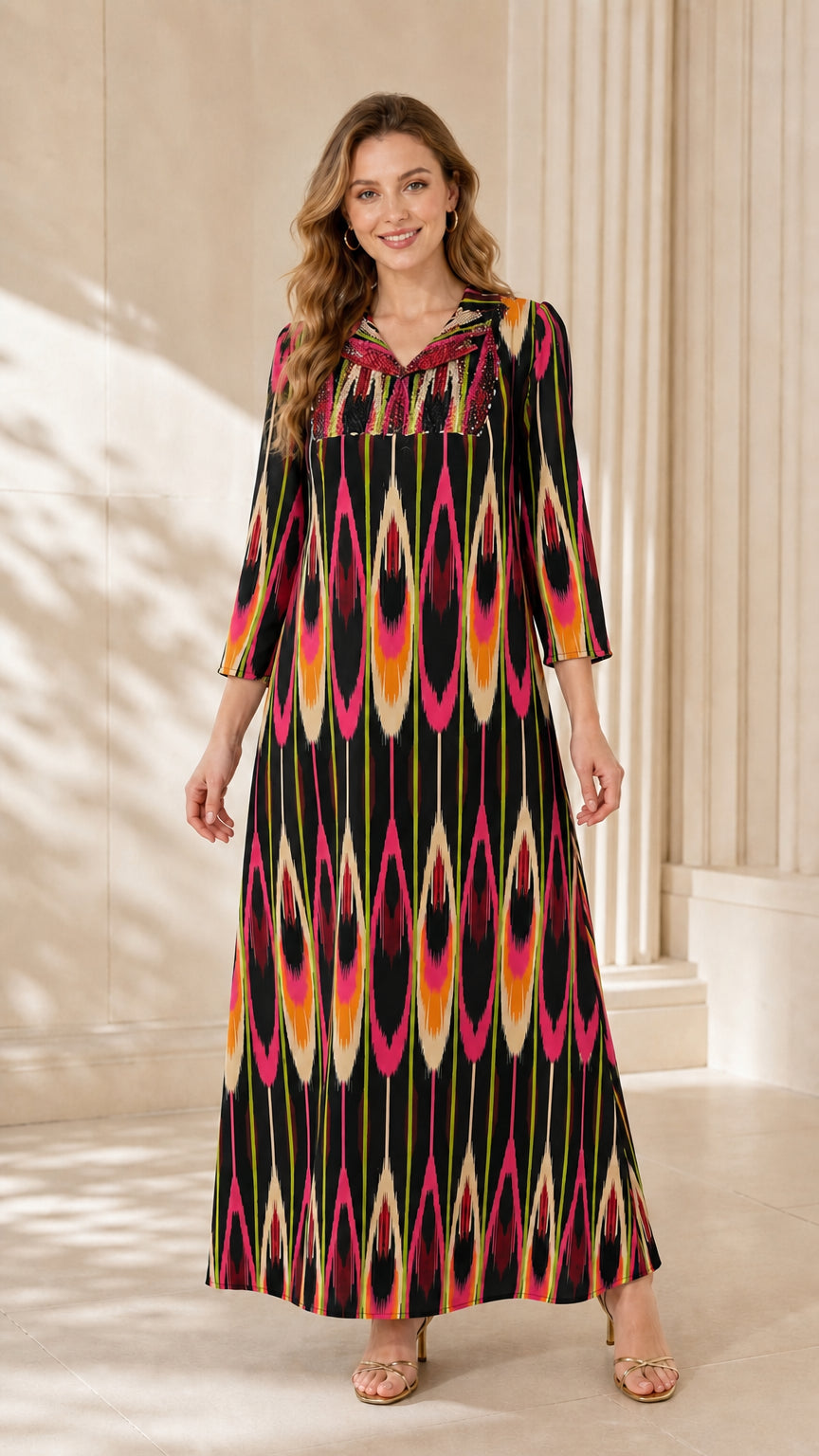 Model wearing Black Multi ikat print 3/4 sleeve maxi dress