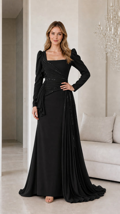 Front view of black long sleeve pleated evening gown