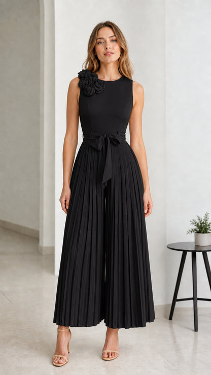 Front view of Black pleated wide-leg jumpsuit