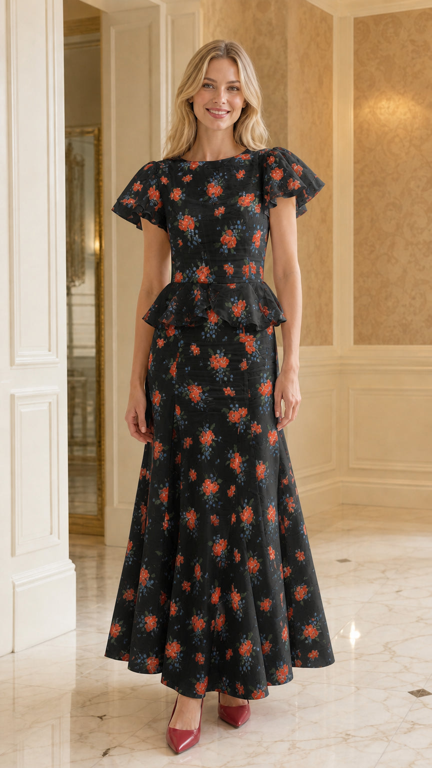 Front view of black floral print ruffle sleeve peplum maxi dress