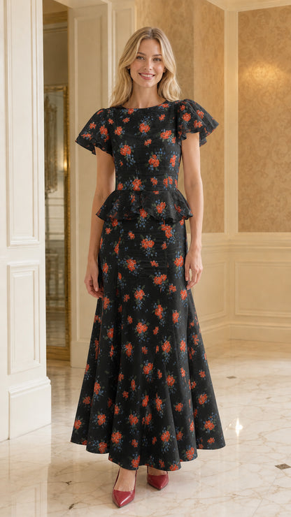 Front view of black floral print ruffle sleeve peplum maxi dress
