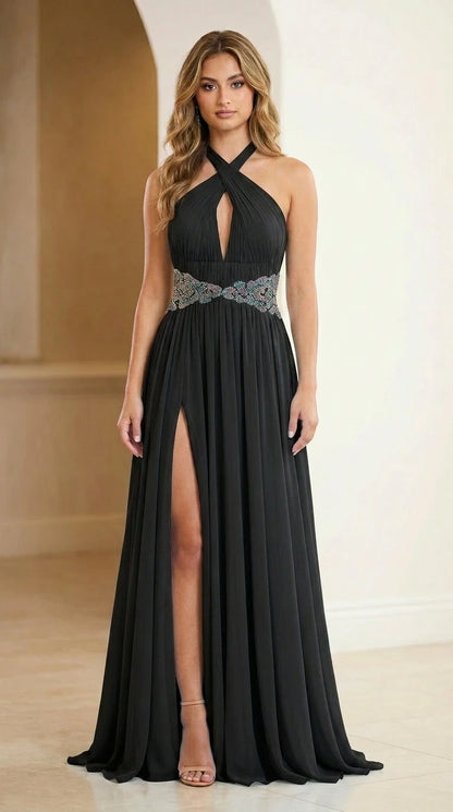 Front view of black halter evening dress