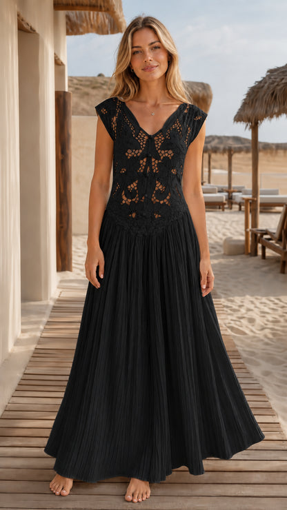 Model wearing black boho crochet lace maxi dress