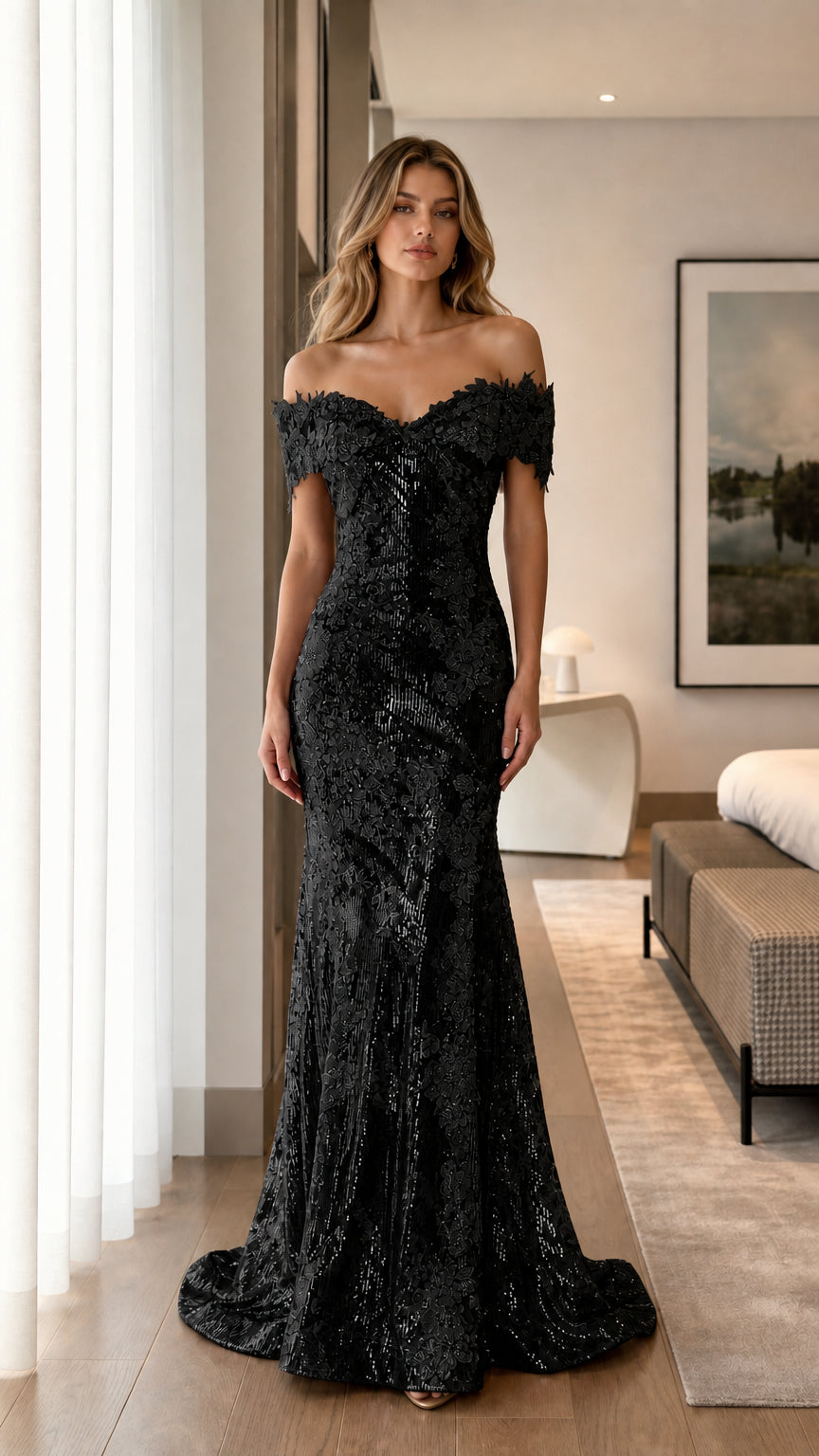 Front view of black off-shoulder sequin mermaid gown