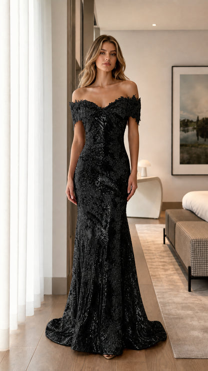 Front view of black off-shoulder sequin mermaid gown