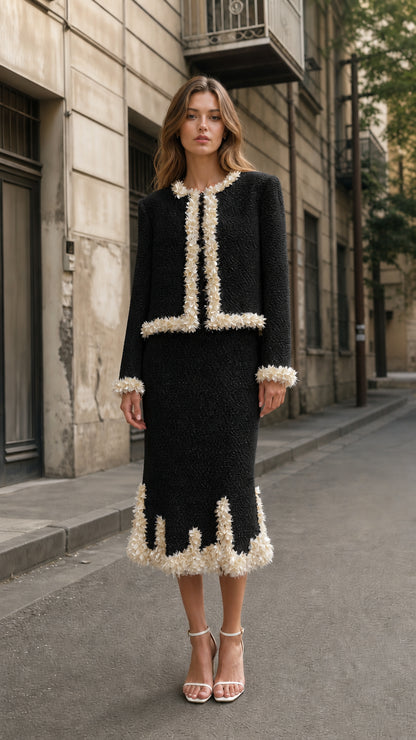Front view of black tweed crop jacket and midi skirt set
