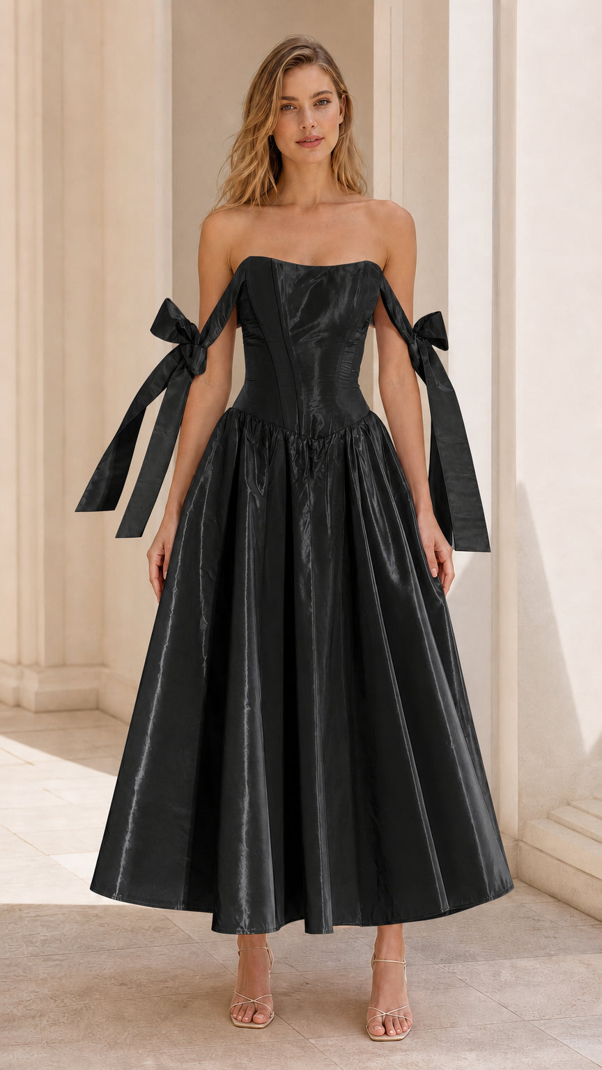 Model wearing Black off-shoulder corset midi dress with bow accents