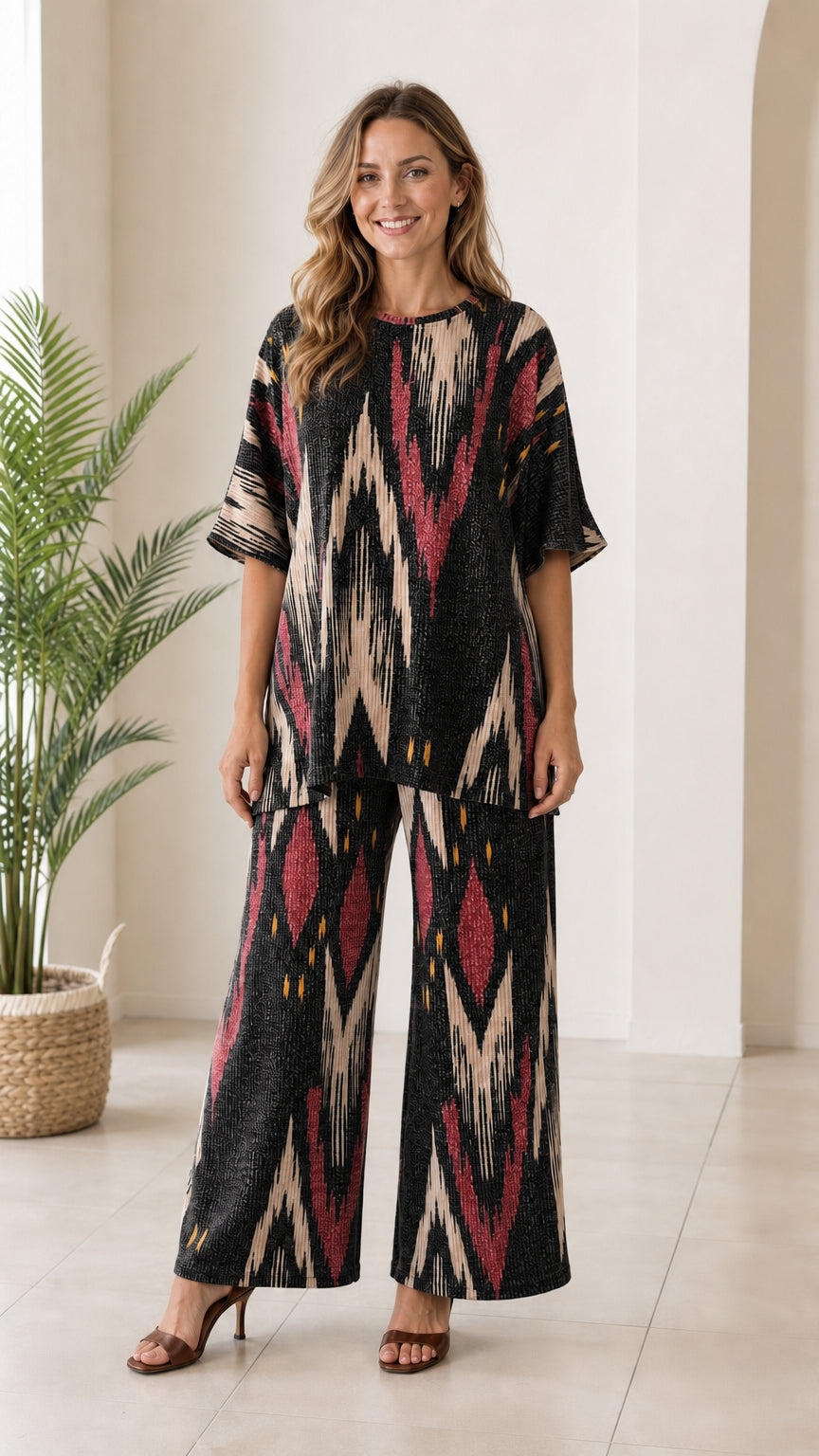 Woman wearing black and cream ikat print two piece tunic and wide leg pant set