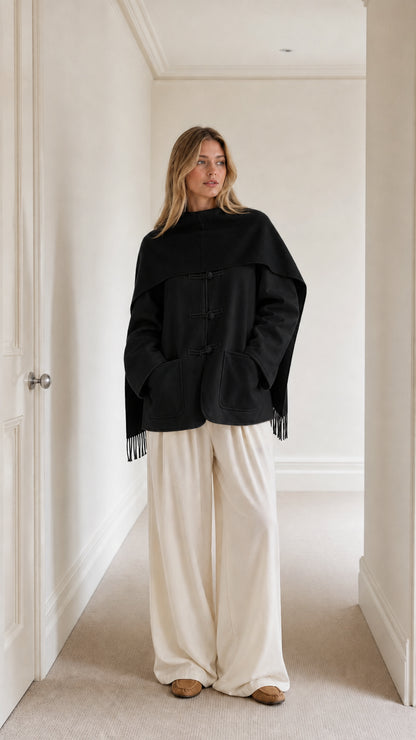 Model wearing black toggle button jacket with draped black cape and cream wide-leg trousers