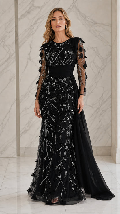 Front view of the black evening gown variant