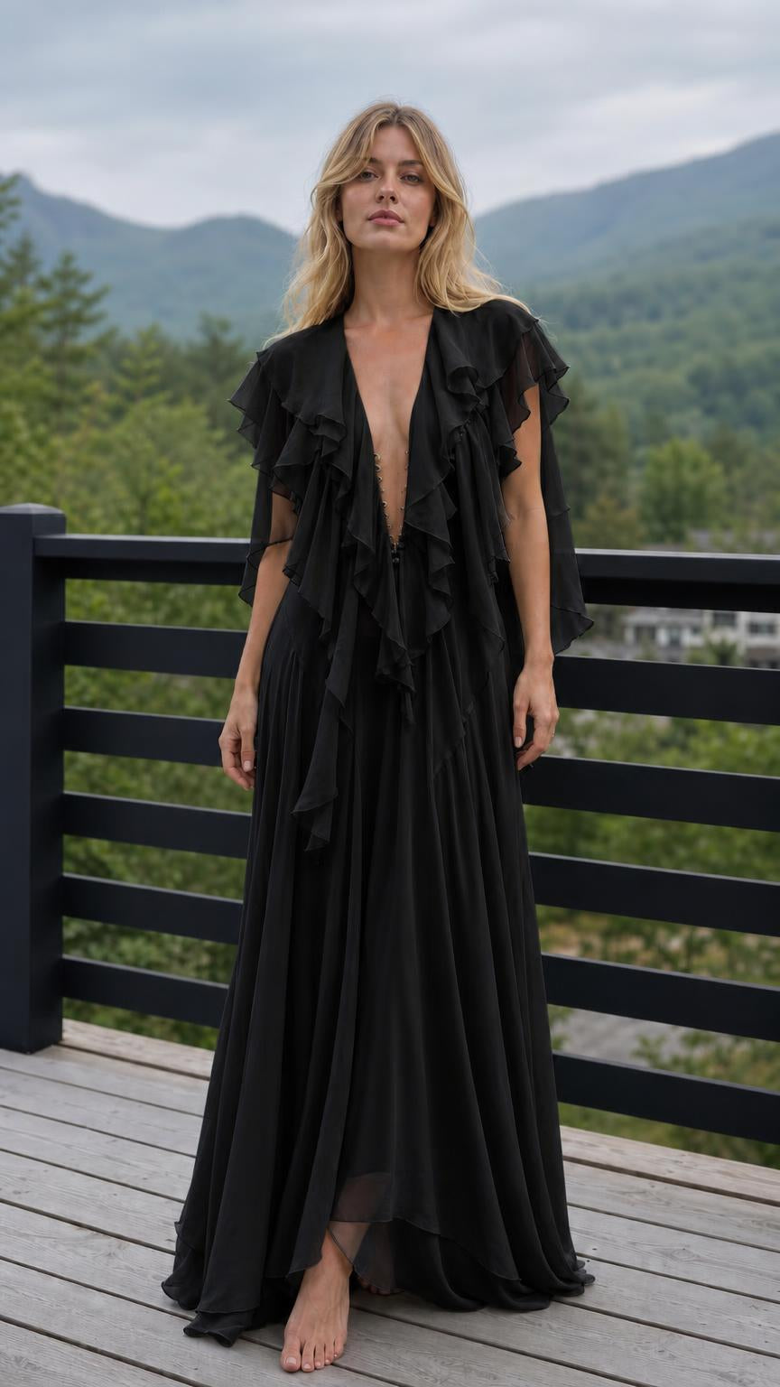 Ethereal Ruffled V-Neck Maxi Dress in Black front view