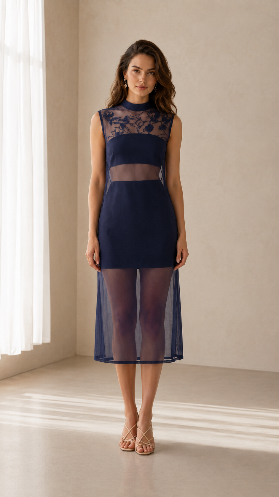 Elegance Sheer Mesh Embroidered Panel Midi Dress in Navy front view