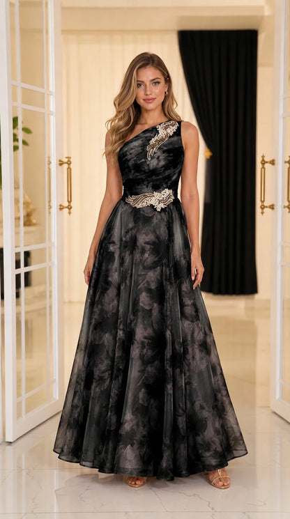 Front view of model in black floral evening gown