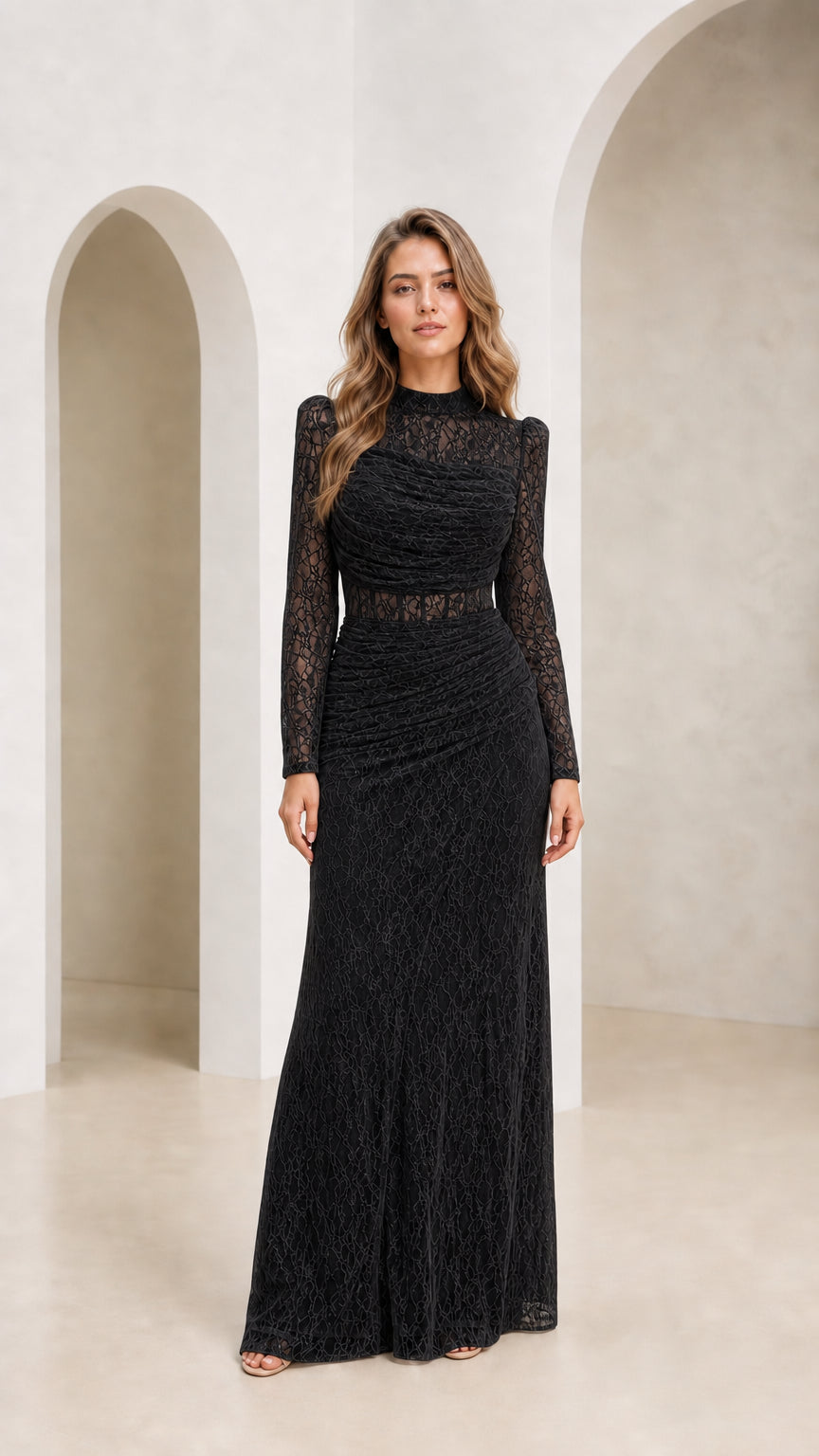 Model wearing black long sleeve lace evening dress