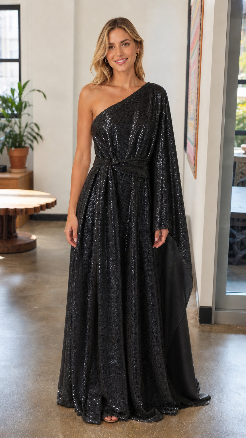 Front view of woman wearing black one-shoulder sequin maxi dress