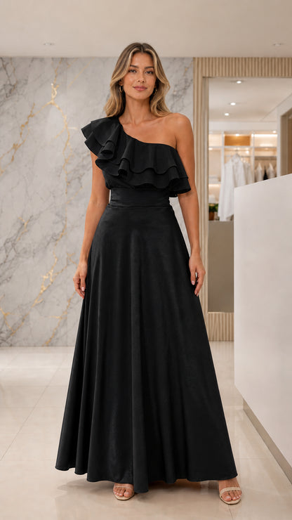 Full-length front view of black one-shoulder evening gown